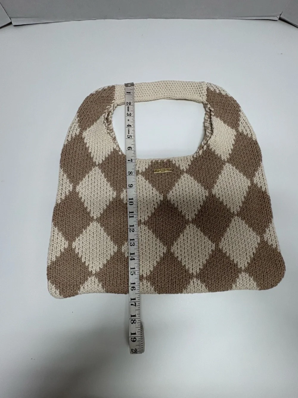 KOPARI Limited Edition Checkered Knit Tan Cream Tote Bag - NEW Without Tag.